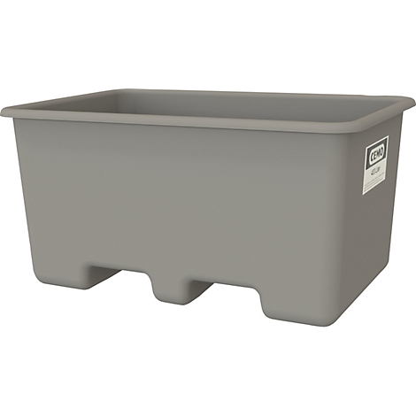 Grijze plastic box. Rechthoekige vorm, lage voetjes. Sticker met opschrift.