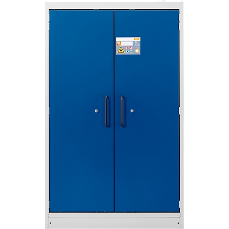 Blaues Schrank mit zwei Türen, weißen Rahmen, schwarzen Griffen und einem Bedienfeld.
