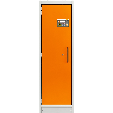 Orangefarbene Schalttafel in weißem Rahmen, mit Bedienelementen und Griff.