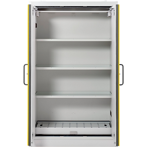Open kast met vier planken, lichtgrijs. Gele en grijze frames, zwarte handvatten.