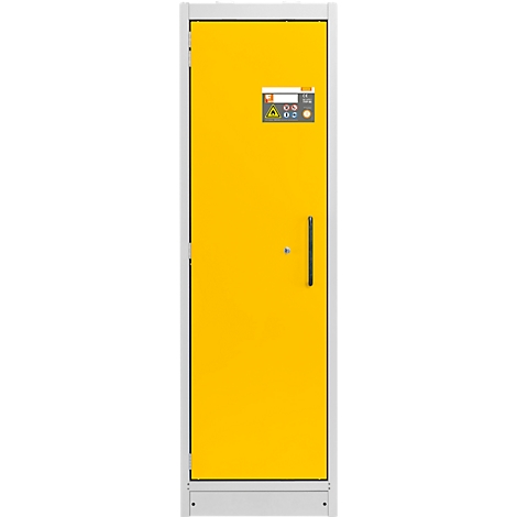 Geel schakelpaneel met bedieningspaneel. Handvat, scharnieren, slot.