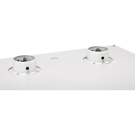 Close-up van een witte metalen plaat met twee cilindrische opzetstukken en kleine schroeven.