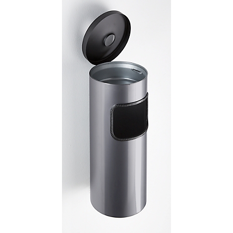 Poubelle cylindrique grise avec couvercle ouvert et insert noir.