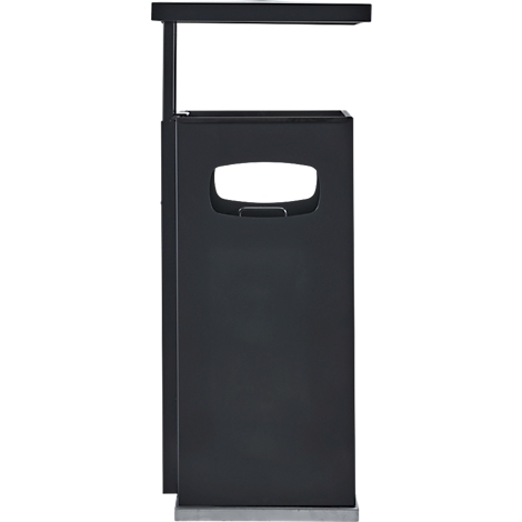 Une poubelle noire avec une ouverture rectangulaire et une poignée. Haut avec toit. Socle gris.