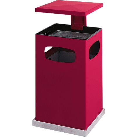 Poubelle rouge carrée avec couvercle. La poubelle a des ouvertures latérales et repose sur une base de couleur claire.
