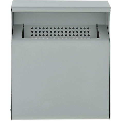 Boîte aux lettres carrée grise avec un motif perforé sous un couvercle de protection.