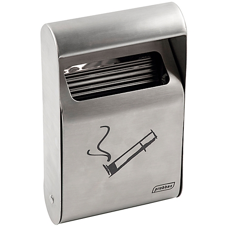 Cendrier en acier inoxydable avec un symbole de cigarette et une ouverture étroite pour les cigarettes. Le logo 'probbax' est en bas à droite.