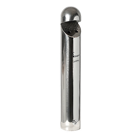Cendrier argenté cylindrique avec couvercle. Motif de trous en haut. Plastique transparent en bas.