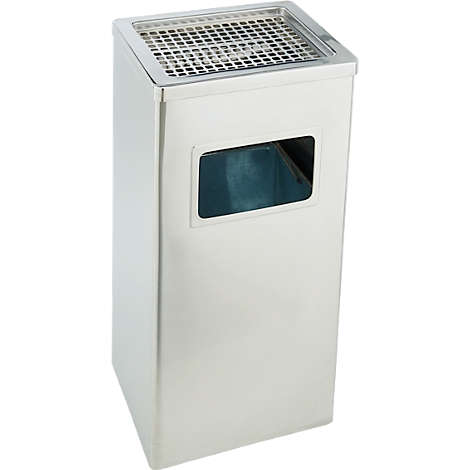 Poubelle rectangulaire en acier inoxydable brillant avec une grille sur le dessus et une ouverture frontale.