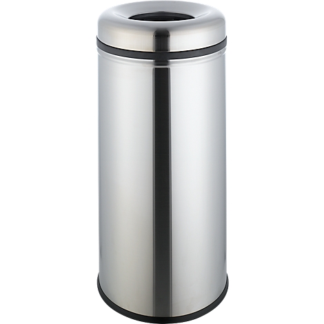 Poubelle en acier inoxydable avec couvercle et base noirs. Cylindrique, avec ouverture sur le dessus.