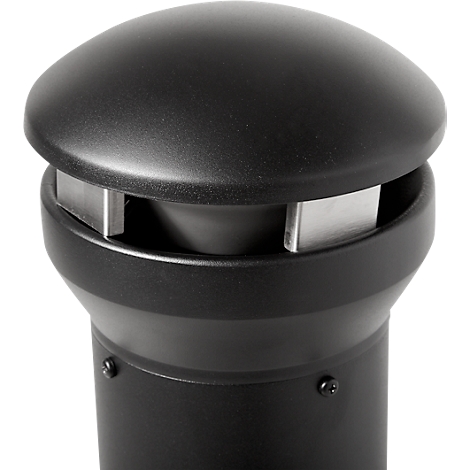 Dessus de ventilation noir et rond avec des détails métalliques et des vis.