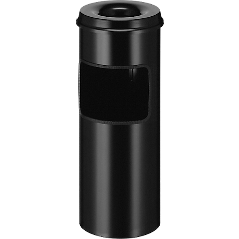 Poubelle noire, cylindrique, avec une ouverture et un trou rectangulaire.