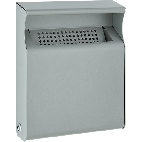 Cenicero de pared gris y rectangular con techo protector y bandeja perforada sobre fondo neutro.