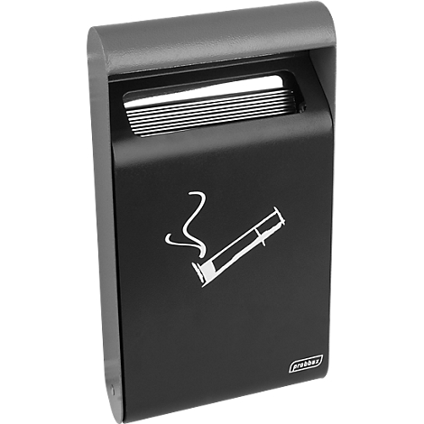 Cenicero de pared negro con símbolo de cigarrillo, tapa gris. 'probex' está escrito en la parte inferior derecha.
