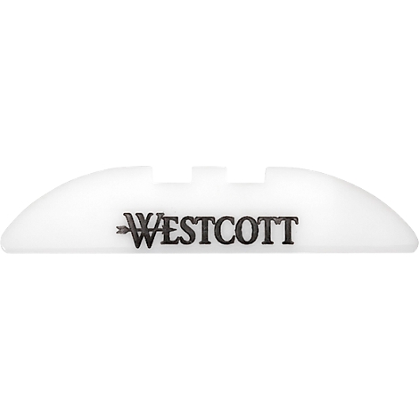 White, arc-shaped product with the WESTCOTT lettering in dark print. It has two raised rectangular elements on the top.
