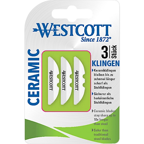 Package with 3 ceramic blades. The package shows the WESTCOTT brand, 'CERAMIC' and advertising texts about the benefits.