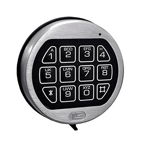 Cerradura de teclado metálico redondo. Negro con números, letras y símbolos. Borde plateado.