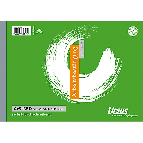 Papier vert avec des coups de pinceau blancs, lettrage orange 'Arbeitsbestätigung', lettrage blanc 'Ursus' et informations sur le produit.