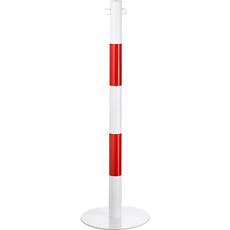 A white and red striped bollard stands against a white background.