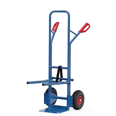 Blue hand truck with red handles and tires. The cart stands in front of a white background.