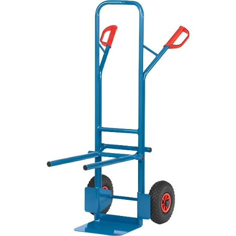 Blue hand truck with red handles, standing upright. Two tires with red hub. Detail of the construction.