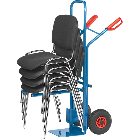 A blue trolley with stacked black chairs.