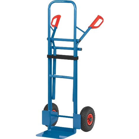 Blue hand truck with red handles, two wheels and black rubber band.