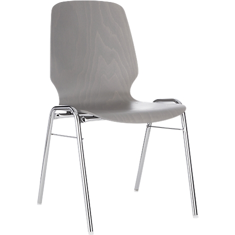 Chaise grise avec effet bois, pieds chromés et dossier.