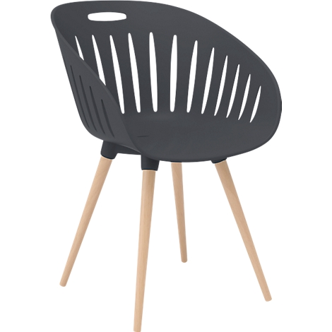 Chaise gris foncé avec pieds en bois, dossier haut et fentes.