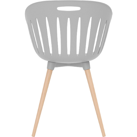 Chaise gris clair avec une assise ronde et des fentes verticales. Elle repose sur quatre pieds en bois clair.