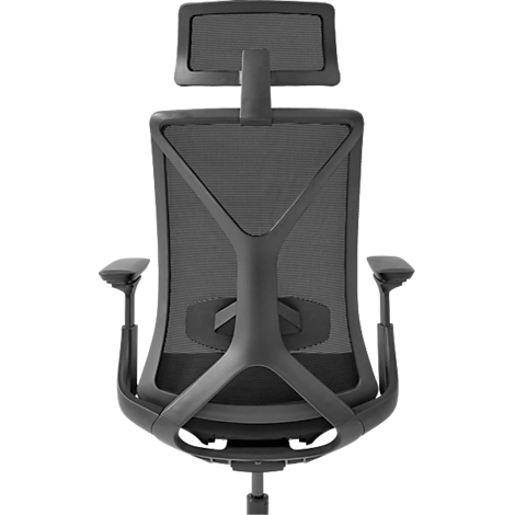 Vue arrière d'une chaise de bureau noire. La chaise a un dossier en maille et un appui-tête.