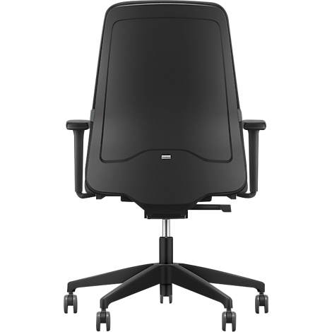 Chaise de bureau noire, vue arrière. Le dossier et les accoudoirs sont visibles. La chaise a un piètement à cinq branches avec roulettes.