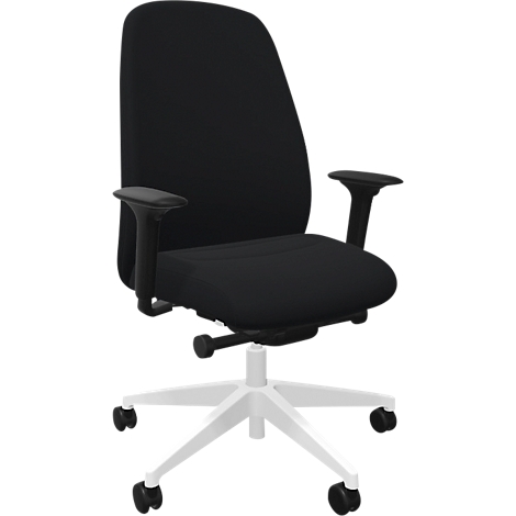 Chaise de bureau avec assise et dossier noirs, accoudoirs noirs et piètement blanc avec roulettes.