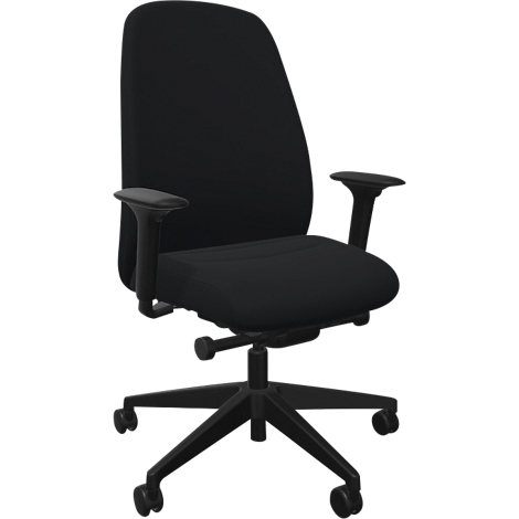 Chaise de bureau noire avec dossier haut, accoudoirs et roulettes.