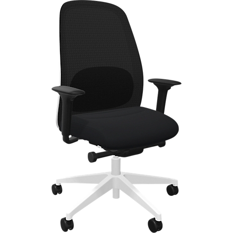 Chaise de bureau noire avec base blanche. Le dossier a un motif noir et des accoudoirs.