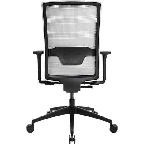 Chaise de bureau moderne avec dossier en maille grise et cadre noir sur roulettes sur fond blanc.