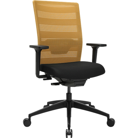 Chaise de bureau moderne avec dossier en maille jaune, assise noire et base pivotante noire sur roulettes.