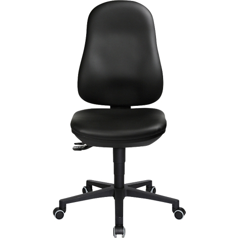 Chaise de bureau noire, de forme ergonomique, avec roulettes et assise réglable en hauteur.