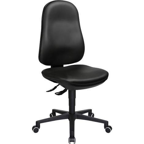 Chaise de bureau noire, de forme ergonomique, avec roulettes et hauteur d'assise réglable. Le dossier et l'assise sont en cuir.