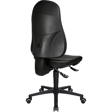 Chaise de bureau noire avec dossier haut, accoudoirs, roulettes et commandes.