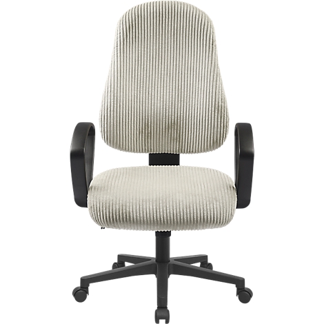 Chaise de bureau beige en velours côtelé avec base et accoudoirs noirs, sur fond blanc.