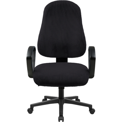 Chaise de bureau noire avec revêtement en tissu côtelé sur fond blanc.