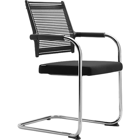 Chaise cantilever noire. Assise et dossier noirs, cadre en métal chromé.