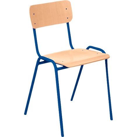 Une chaise d'école avec des pieds en métal bleu, un cadre et une assise en bois.