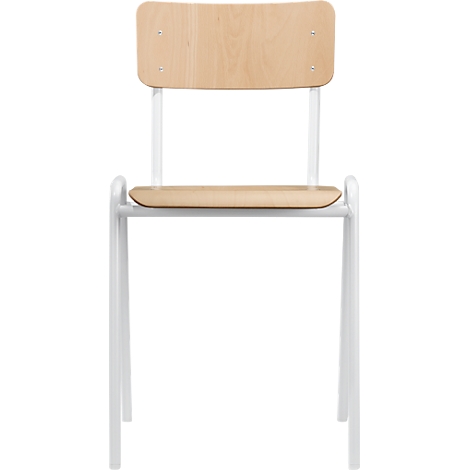Une chaise avec dossier et assise en bois, cadre blanc, sur fond blanc.