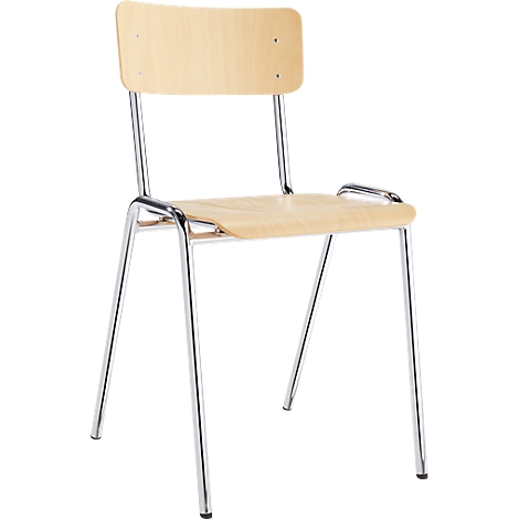 Chaise avec dossier et assise en bois clair, cadre chromé.