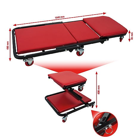 Chariot d'atelier rouge avec roulettes. Dimensions indiquées. Vue détaillée montrant le mécanisme.