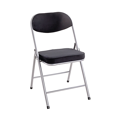 Chaise pliante noire avec un cadre en métal sur fond clair.