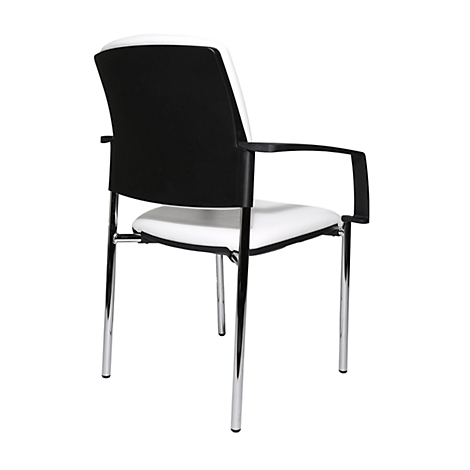 Chaise de bureau, vue arrière: dossier noir, assise blanche, pieds et accoudoirs chromés.