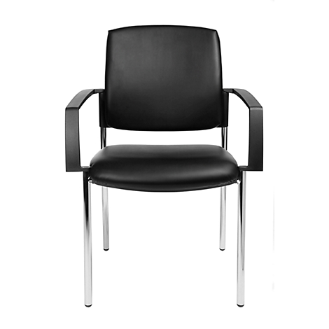 Chaise de bureau noire avec accoudoirs, pieds chromés, sur fond blanc.